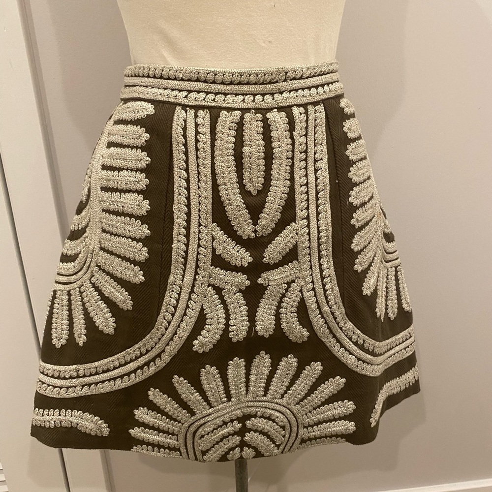 Intricate Embroidered Olive mini skirt
